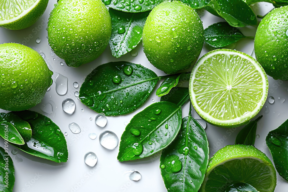 Limes On White Backdrop With Water Drops Limes On White Backdrop With Water Drops