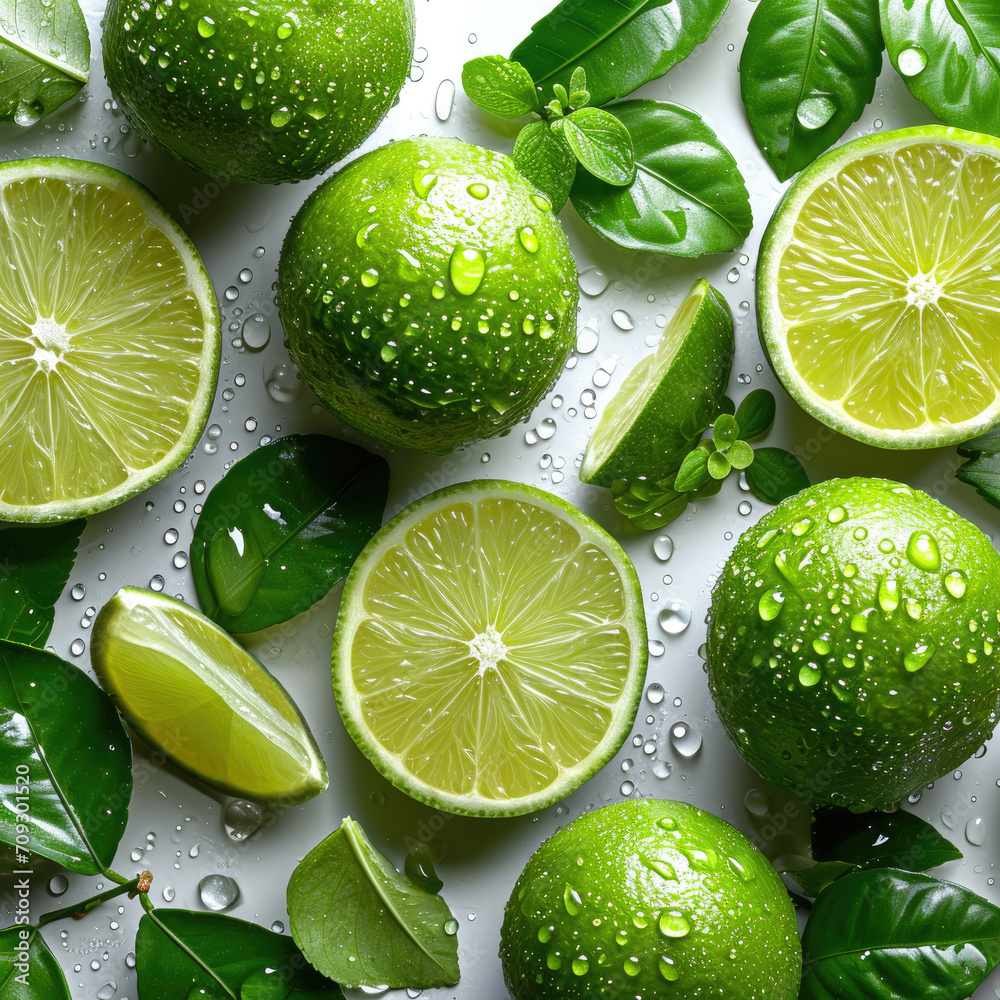 Limes On White Backdrop With Water Drops Limes On White Backdrop With Water Drops
