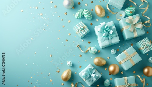 Easter background with light blue, gift boxes, and gold eggs   top view flat lay with space for text