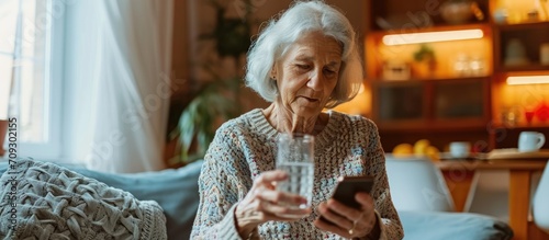 Elderly woman in comfortable sweater uses phone and drinks water at home.