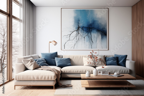 Interior desing of a living room with white, gray and blue tones, minimalist living room. Generative AI photo