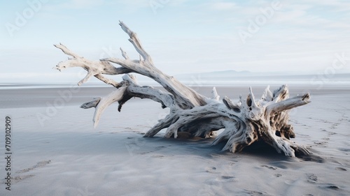 A cluster of weathered driftwood on the beach, framed by the vastness of the open sea -Generative Ai photo