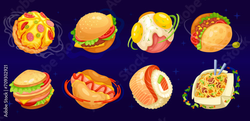Cartoon food planets. Foods world concept, burger sushi fish pizza planet funny amuse ufo in delicious fantasy universe dream space tasty galaxy, game neoteric vector illustration