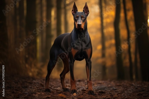Full length portrait of beautiful powerful Doberman Pinscher while walking in the park