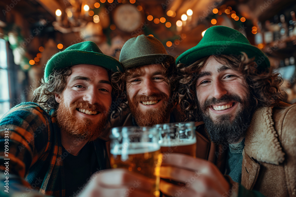 Cropped top view portrait of three men in green hat celebrating St Patrick's day, clinking glasses with alcohol beverage, drinking lager Cropped top view portrait of three men in green hat celebrating St Patrick's day, clinking glasses with alcohol beverage, drinking lager