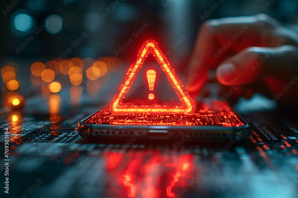 hacker attack maintenance concept and hacking cybercrime cyber security User is using smartphone with warning triangle for error notification - obrazy, fototapety, plakaty 