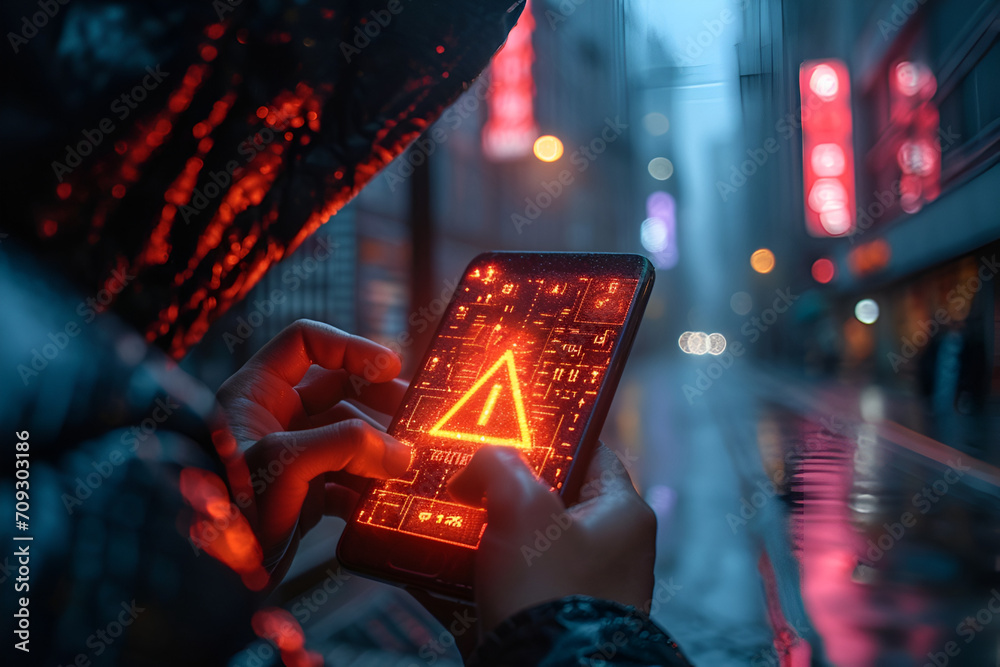 hacker attack maintenance concept and hacking cybercrime cyber security User is using smartphone with warning triangle for error notification - obrazy, fototapety, plakaty 