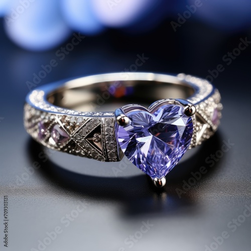 Ring in white gold or silver with a blue heart-shaped gemstone. Wedding ring with diamond, sapphire, topaz. Valentine's Day gift. Romantic ring. Jewelry and decorations with a heart.