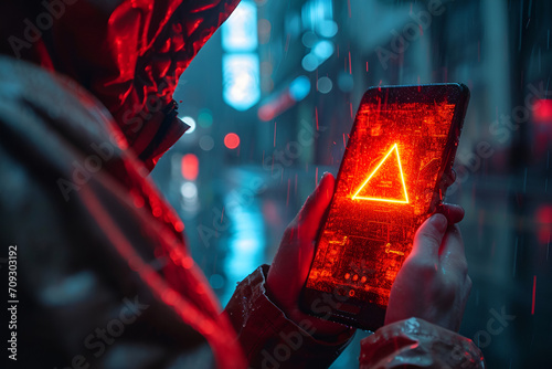 hacker attack maintenance concept and hacking cybercrime cyber security User is using smartphone with warning triangle for error notification