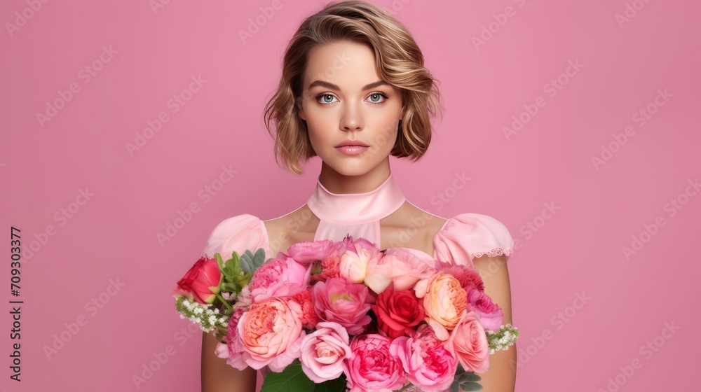 A young woman in pink holding a bouquet of pink flowers.  Mother's Day, Women's Day, Valentine's Day theme.