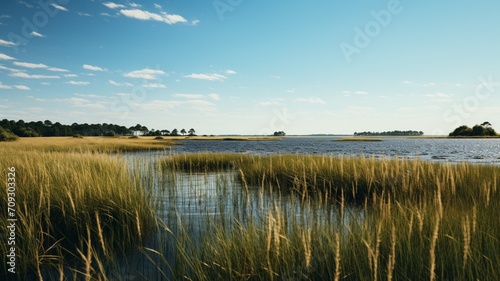 A coastal marsh with tall grasses reflecting in calm water under a clear blue sky-Generative Ai photo
