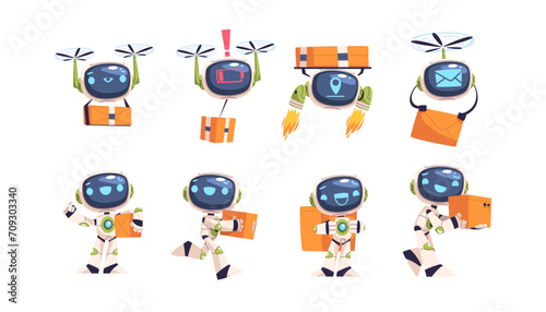 Delivery bot. Deliver drone mascot, speed robot character futuristic postman cyborg machine ai digital technology, cargo job cartoon work robots gestures classy vector illustration