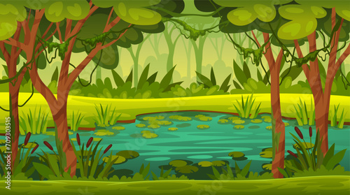 Swamp landscape. Forest river marsh cartoon game background, fantasy rainforest lake mysterious jungle stench pond with lily and moss trees lichen wood neoteric vector illustration