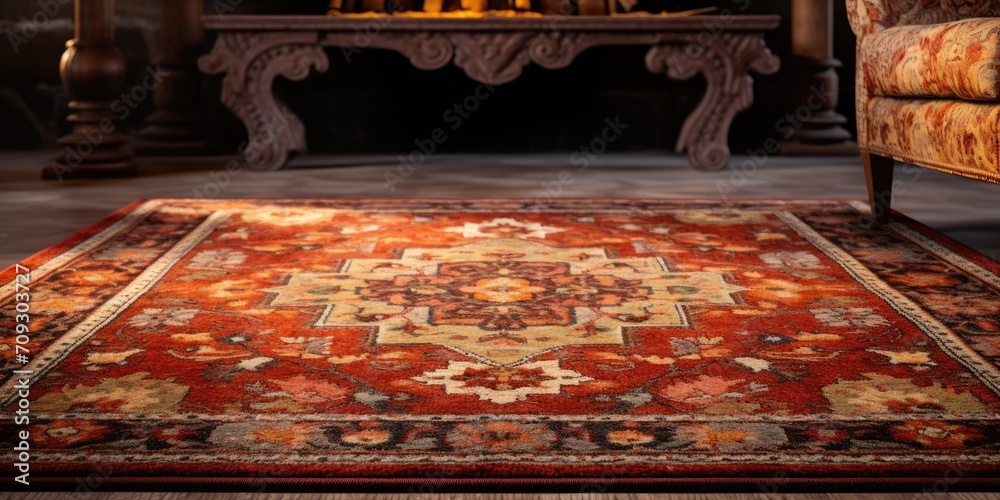 Boho style carpet and rug with ethnic floral damask design and antique traditional pattern. - obrazy, fototapety, plakaty 