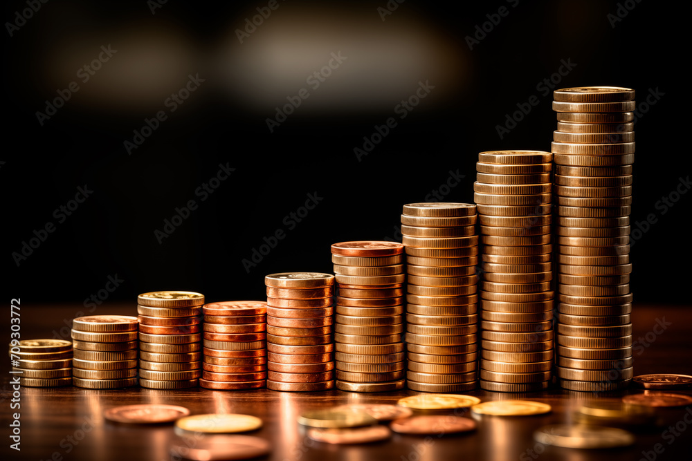 Growing amount of money in coin stacks. Money saving concept. personal finance, investment savings. Generative AI Growing amount of money in coin stacks. Money saving concept. personal finance, investment savings. Generative AI
