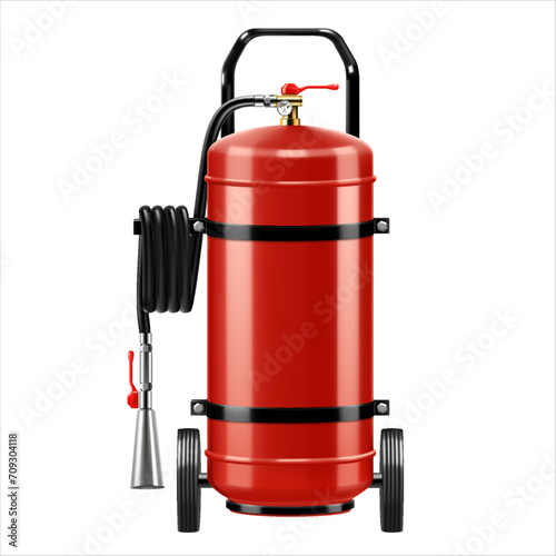 Wheeled Type Dry Powder Fire Extinguisher isolated on white background. Portable fire extinguishing equipment from fire department. Professional tool or instrument. Realistic 3D vector illustration