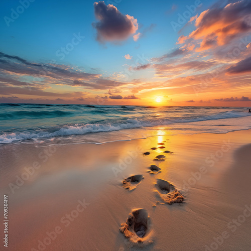 footprints on white sand beach