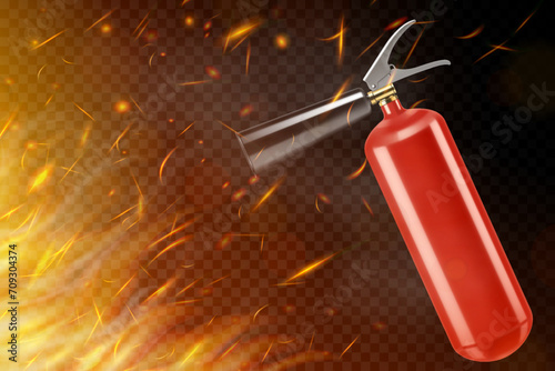 ?arbon dioxide fire extinguisher isolated on burning background. Portable fire extinguishing equipment from fire department. Professional tool or instrument. Realistic 3D vector illustration