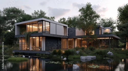 3d rendering of modern house by the river at evening © Ahtesham