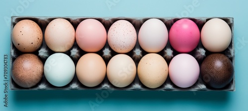 Colorful handcrafted easter eggs on blue background   minimalistic concept with top down perspective