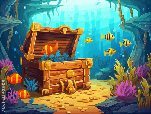 Vector drawing of a chest with gold coins, 
treasures
on ocean floor under water with tropical fish
at the coral reef. Algae, corals and sea 
anemones on the seabed. Pirate chest.