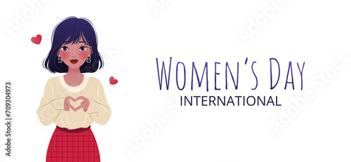 International Women's Day. 8 March. Inspire inclusion. Banner with young asian woman showing sign of heart on white background . Modern vector design for poster, campaign, social media post. 