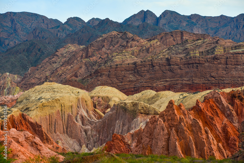 The multi-colored mountains of the Quebrada de Cafayate, or Quebrada de Las Conchas, Cafayate, Salta Province, Northwest Argentina.