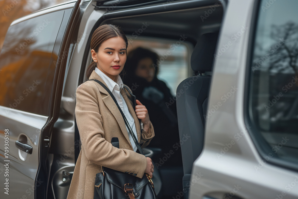 Female waits a business people to let them in a minivan taxi, keeping door open. Concept of business trips and transportation service Female waits a business people to let them in a minivan taxi, keeping door open. Concept of business trips and transportation service