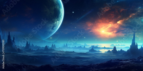 alien landscape with a view of the mountains and the planet
