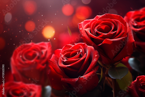red valentines day roses petals sprinkles confetti for a holiday celebration on 14th february shiny red lights. wallpaper background