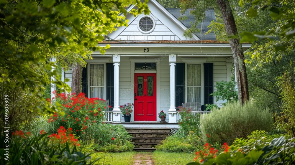 Facade of home with red door porch stairs and yard
