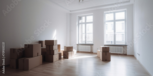 Light Living Room Interior With Cardboard Boxes For Moving