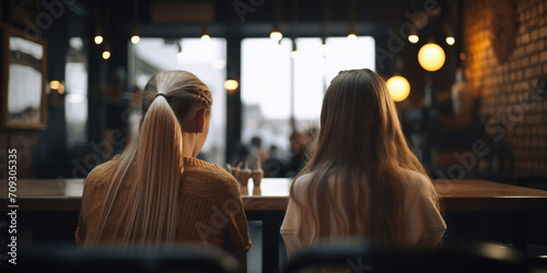 Young Girls Sitting In Cafe And Waiting Waiter, Back View