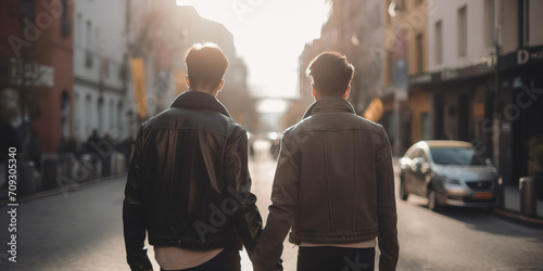 Young Attractive Gay Couple Walking Through The City Holding Hands