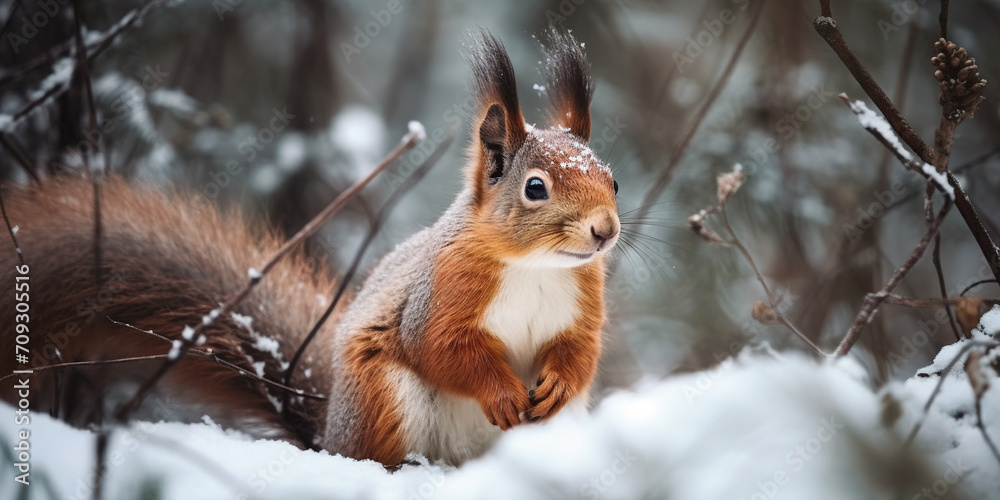 Cute Red Wild Squirrel In Winter In The Forest Cute Red Wild Squirrel In Winter In The Forest