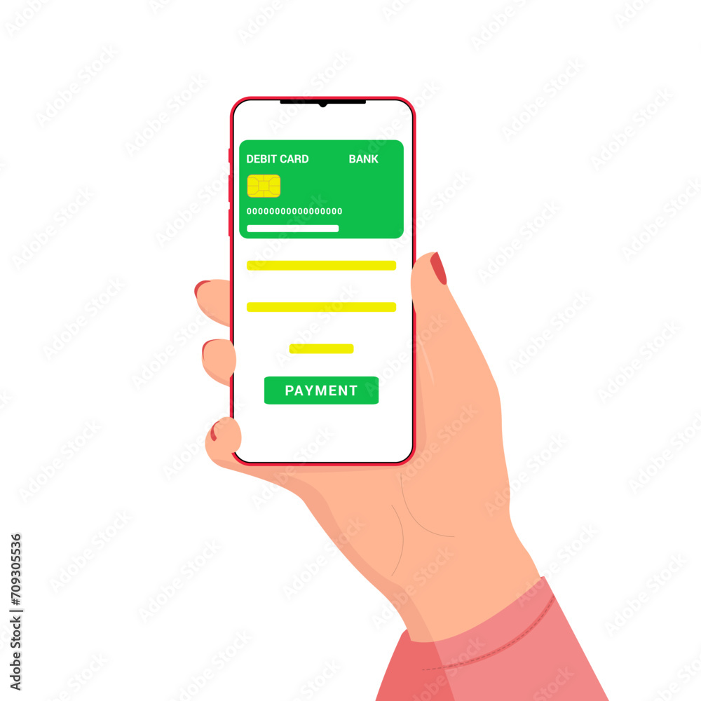Smartphone in a woman's hand. Payment for goods and services using a smartphone. Online banking. Banking application for smartphone. Electronic bank debit card. Smartphone application. Smartphone in a woman's hand. Payment for goods and services using a smartphone. Online banking. Banking application for smartphone. Electronic bank debit card. Smartphone application.