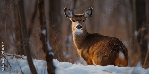 Big Female Wild Doe In Winter Forest
