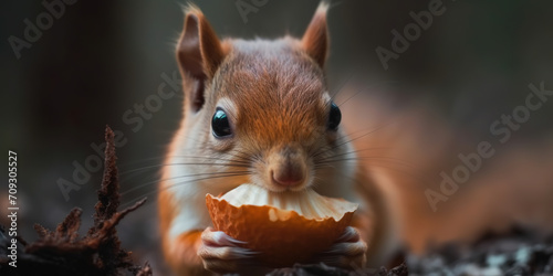 Cute Wild Squirrel Eating Mushroom In The Forest, Close Up View