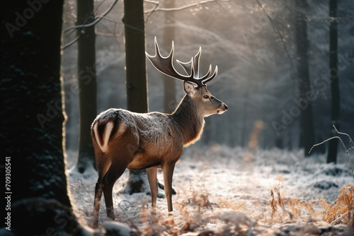 Wild Deer With Big Horns In The Forest In Winter
