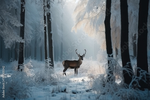Wild Deer With Big Horns In Frozen Forest In Snowy Winter