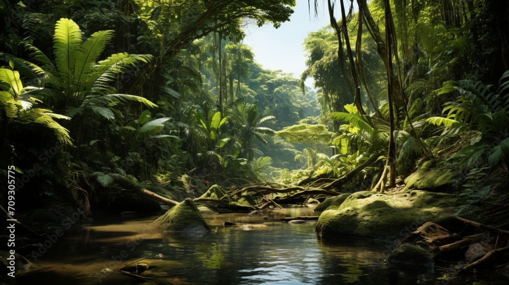 A crystal-clear stream winding through the jungle, reflecting the lush greenery around-Generative Ai A crystal-clear stream winding through the jungle, reflecting the lush greenery around-Generative Ai