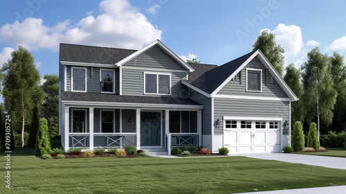 Gray New Construction Modern Cottage Home with Hardy Board Siding and Teal Door with Curb Appeal © Ahtesham