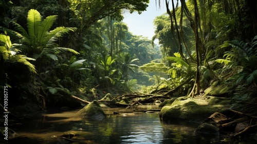 A crystal-clear stream winding through the jungle, reflecting the lush greenery around-Generative Ai