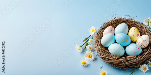 Easter concept, Easter background with Easter eggs in a nest and some flowers on light blue background, copy space, Generative ai