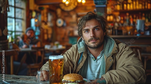 A handsome man is sitting at a table in a cozy restaurant and eating a burger with beer