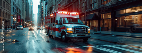 Ambulance Van on a wide city street. Emergency vehicle with warning lights and siren moving fast an avenue. Metropolis rescue services transport. Motion blur.