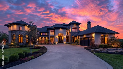 Luxury home during twilight golden hour with pink and purple sky and lush landscaping in Nebraska USA photo
