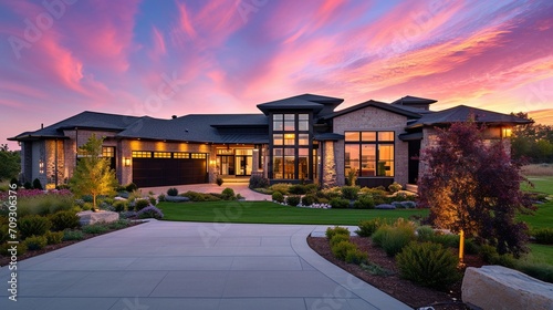 Luxury home during twilight golden hour with pink and purple sky and lush landscaping in Nebraska USA © Ahtesham