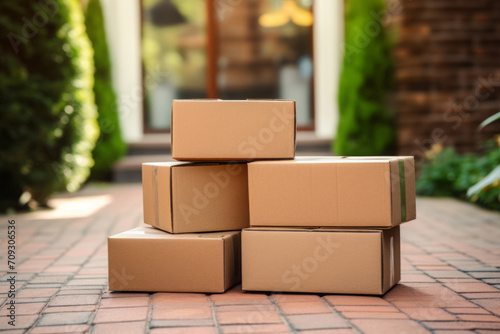 a brown cardboard box on the doorstep of the house. home delivery. parcel delivery, package. © MaskaRad