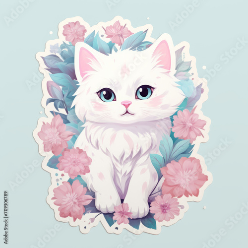 cute white cat, sticker in pink and aquamarine tones. kitty, kitten and flowers. pet icon.